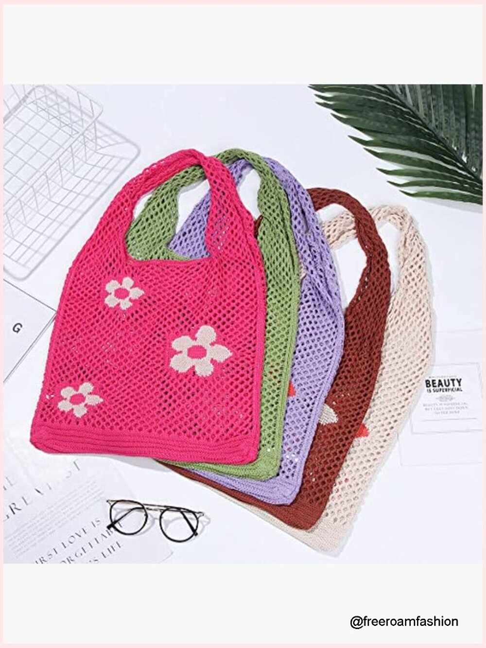 Crochet Tote Bag Mesh Beach Bag Fairycore Hobo Grunge Y2k Shoulder Bag - Picture 5 of 7
